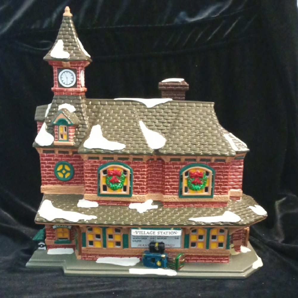 Department 56 Festive Village Station with Red Brick and Green Accents
